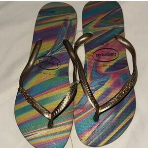 Havaianas Rainbow Flip Flops with Gold Straps